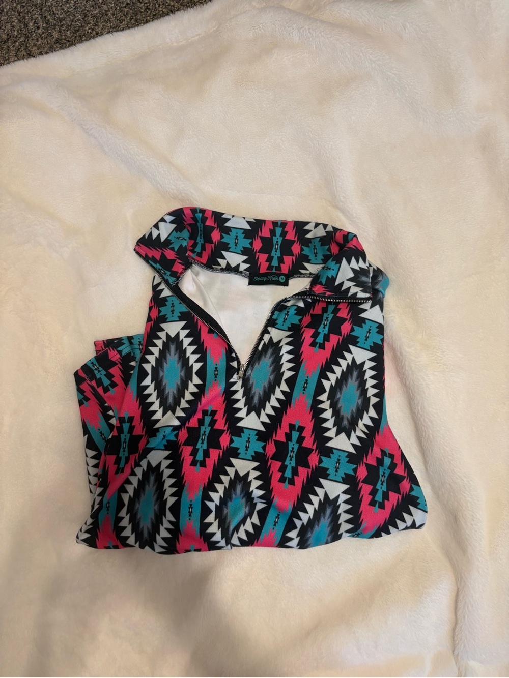 Half-Zip Aztec Pullover Sweatshirt in Pink, Teal & Black